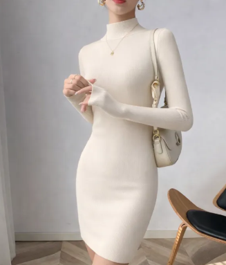 Turtle Neck Rib Bodycon Dress For Women Form Fitting Long Sleeve Winter Fashion Top Elegant Style